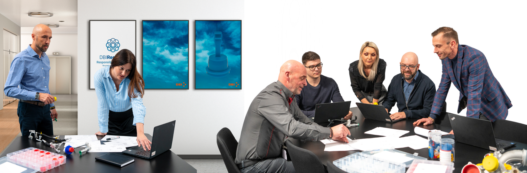 DBI team collaborating in an office with DBI protective solutions and product diagrams.