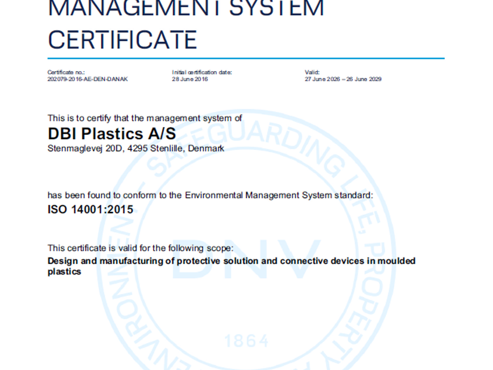 ISO 14001 certificate DBI Plastics A/S